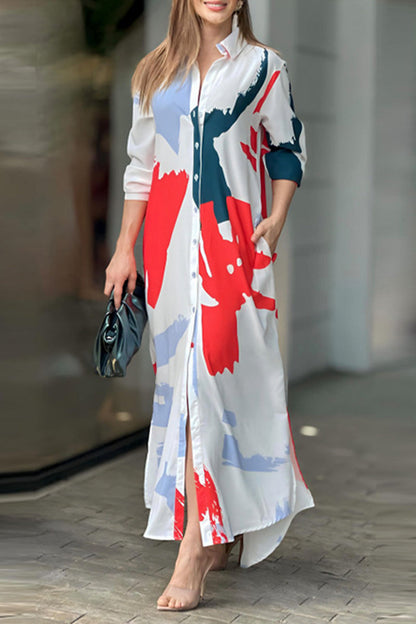 Casual Street Geometric Printing Turndown Collar Shirt Dress Dresses(9 Colors)