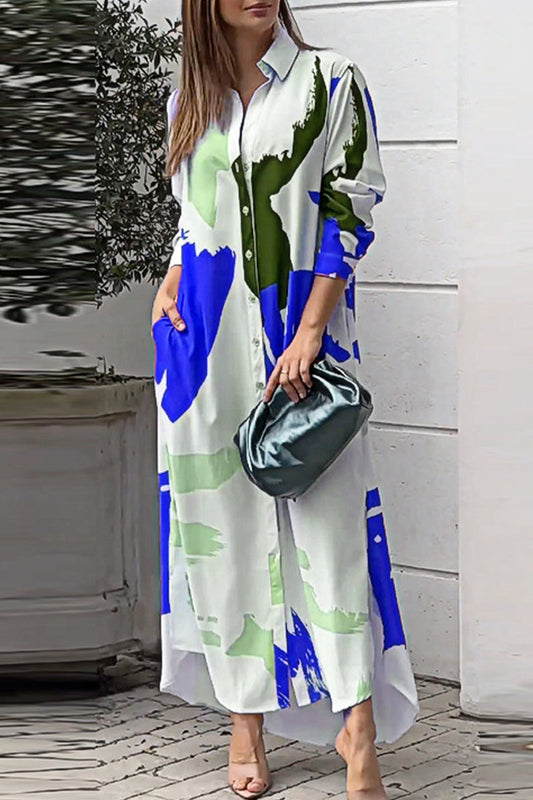 Vestidos camiseros informales con cuello vuelto y estampado geométrico urbano (9 colores)