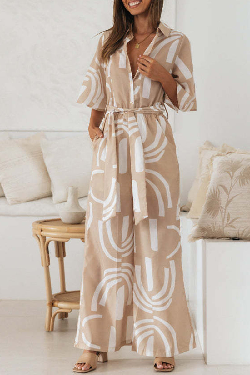 Casual Geometric Print Frenulum Turndown Collar Loose Jumpsuits