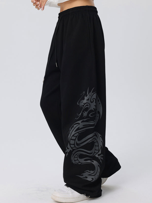 Vintage Dragon Print Loose Sweatpants