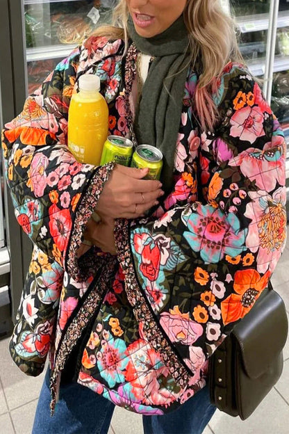 Prendas de abrigo informales universitarias con cuello redondo y diseño de patchwork floral