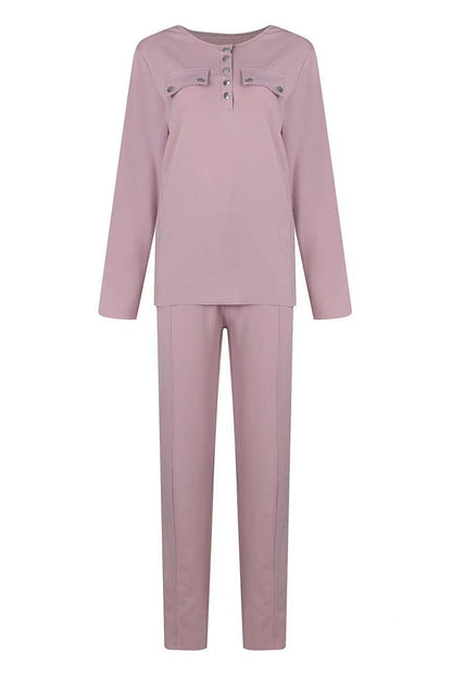 Casual Buckle Solid Color V Neck Long Sleeve Two Pieces(2 Colors)