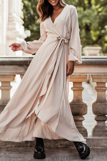 Vestidos casuales de manga larga con escote en V y abertura en el frenillo (5 colores)