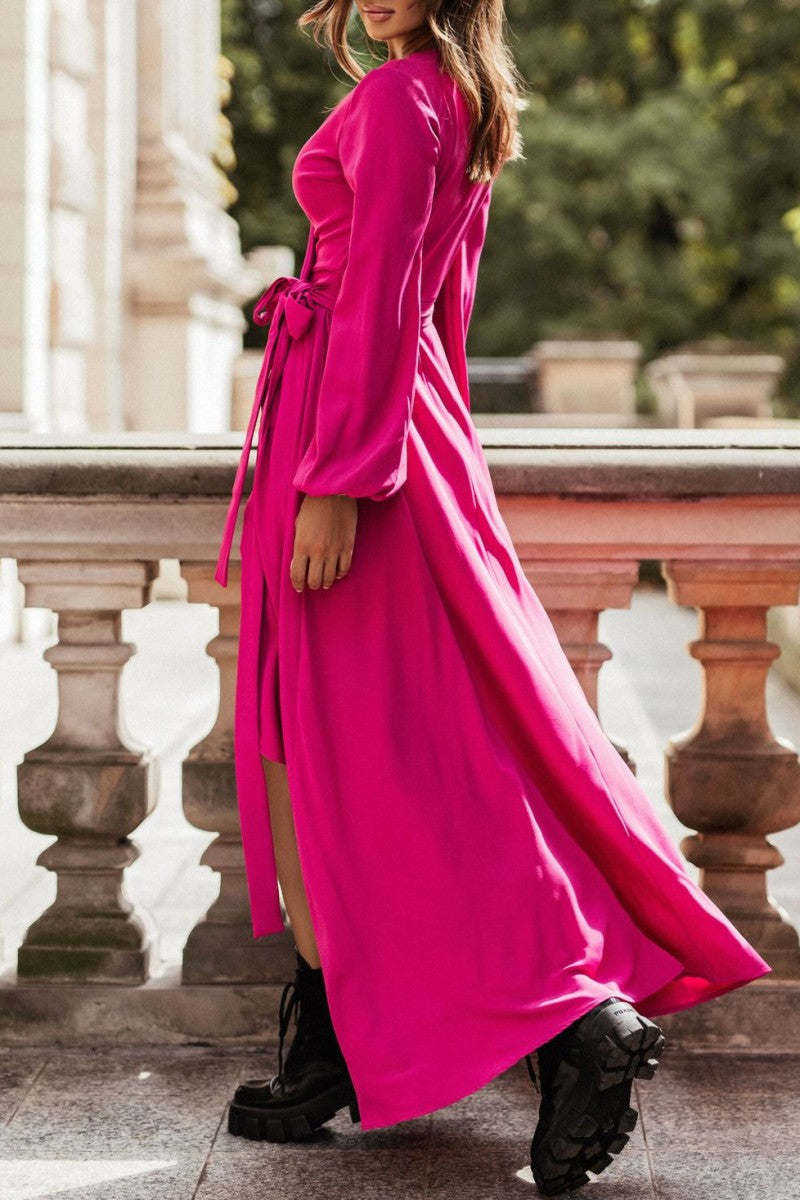 Vestidos casuales de manga larga con escote en V y abertura en el frenillo (5 colores)