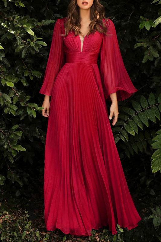 Elegantes vestidos de noche con escote en V y pliegues sólidos