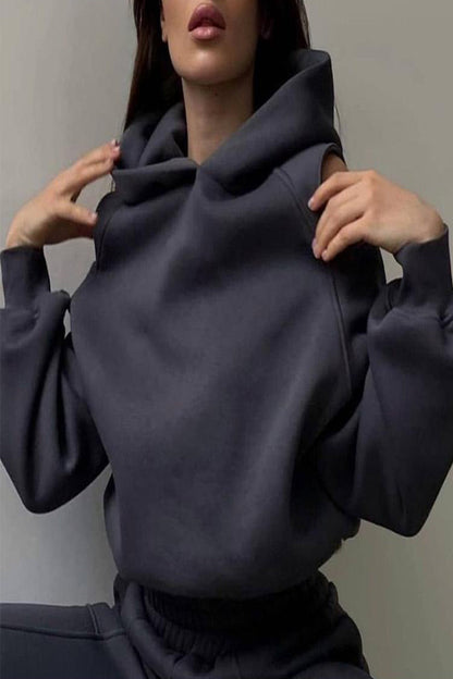 Conjunto informal sencillo de dos piezas con cuello con capucha y manga larga (4 colores)