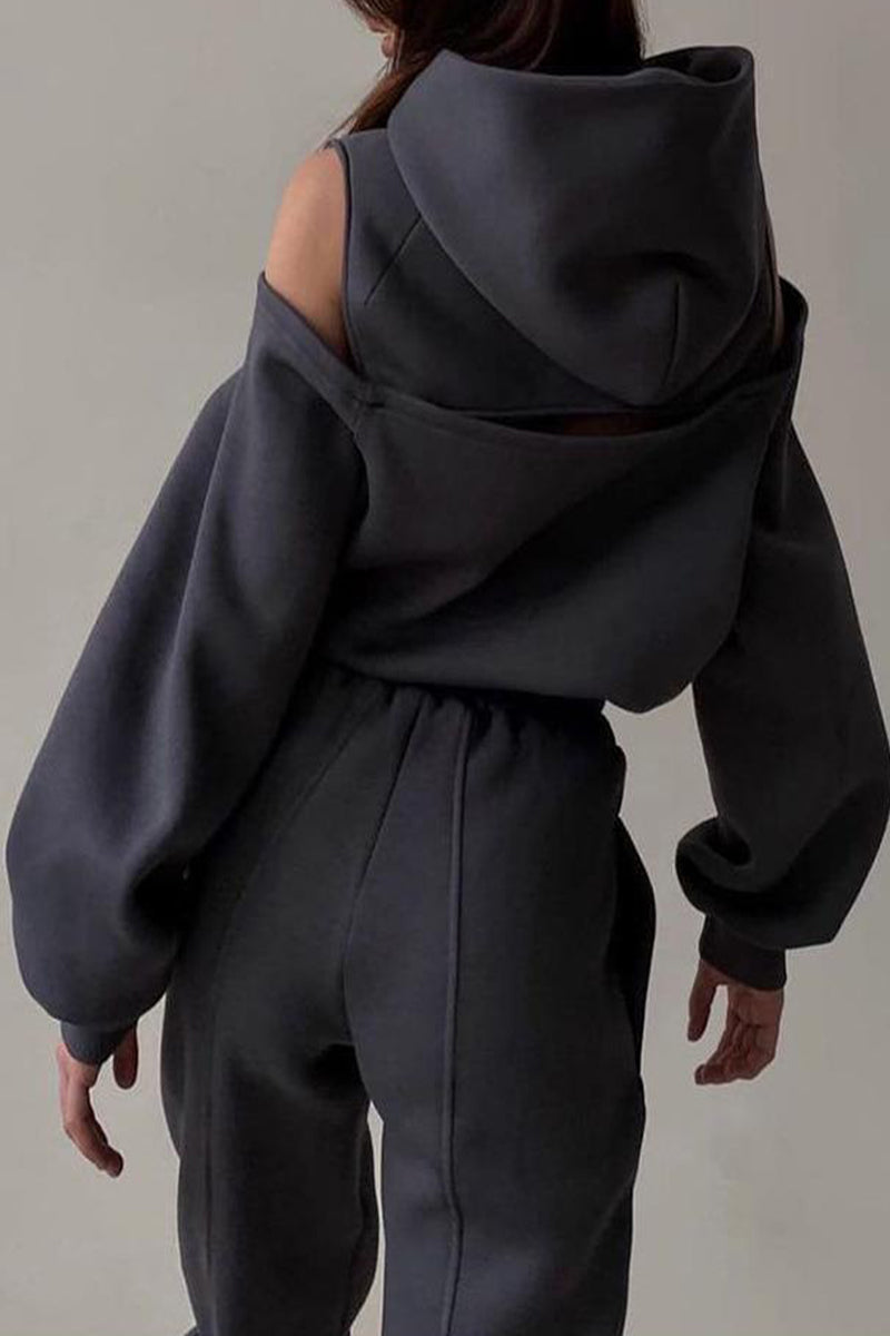 Conjunto informal sencillo de dos piezas con cuello con capucha y manga larga (4 colores)