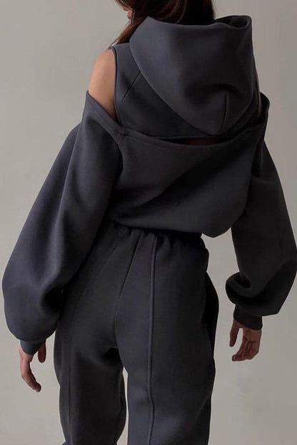 Conjunto informal sencillo de dos piezas con cuello con capucha y manga larga (4 colores)