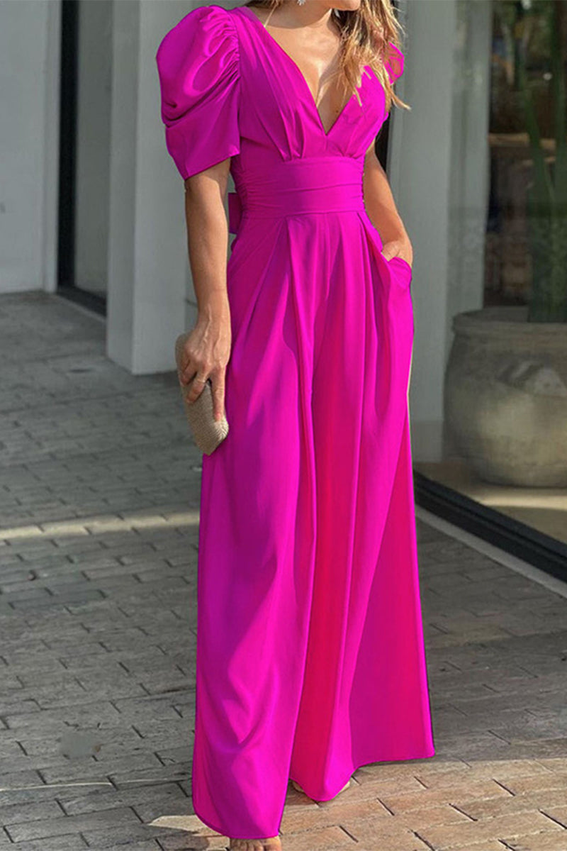 Mono holgado elegante con cuello en V, bolsillos y pliegues (6 colores)