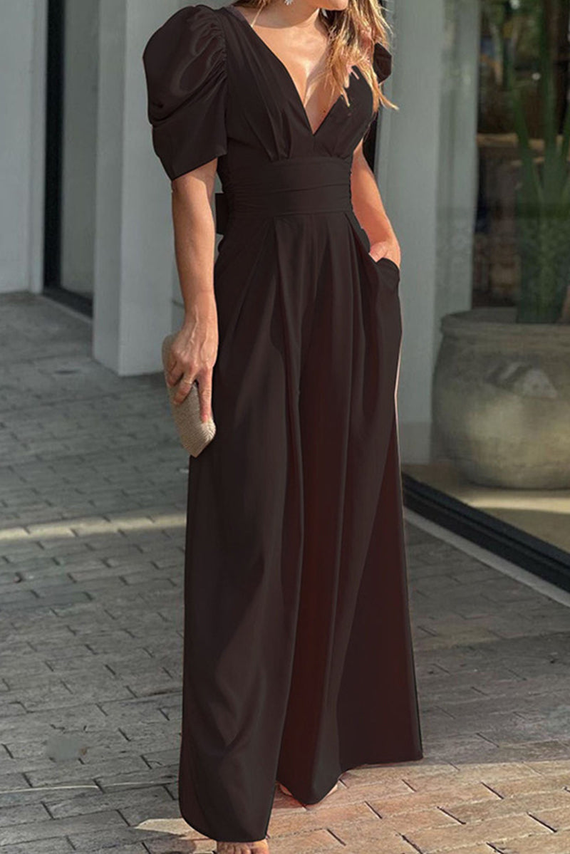 Mono holgado elegante con cuello en V, bolsillos y pliegues (6 colores)