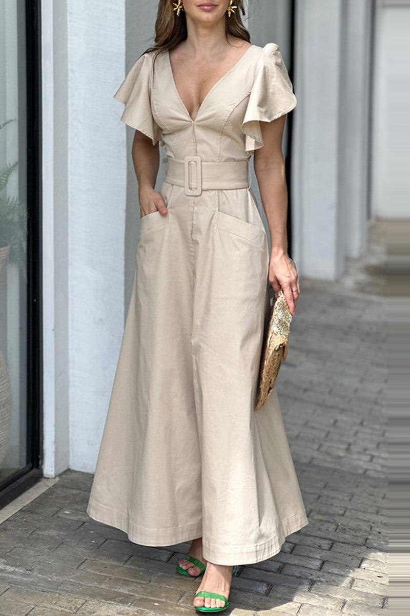 Vestidos elegantes de manga corta con escote en V y bolsillos lisos (3 colores)