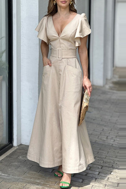 Vestidos elegantes de manga corta con escote en V y bolsillos lisos (3 colores)