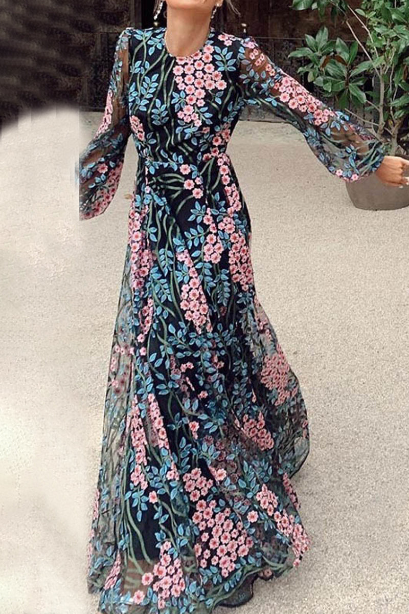 Elegante vestido estampado de patchwork floral con cuello redondo
