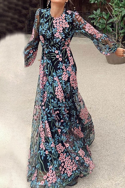 Elegante vestido estampado de patchwork floral con cuello redondo