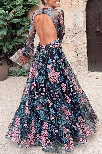 Elegante vestido estampado de patchwork floral con cuello redondo