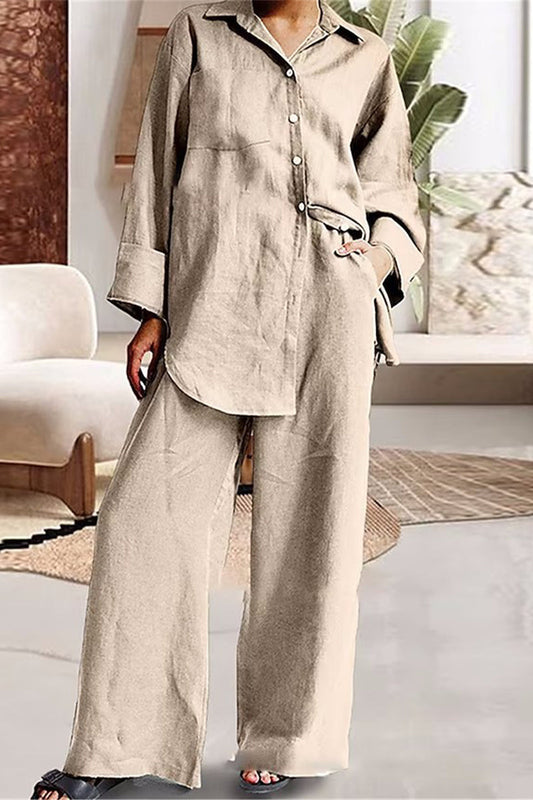 Conjunto informal sencillo de dos piezas con cuello vuelto, manga larga y bolsillos lisos (8 colores)