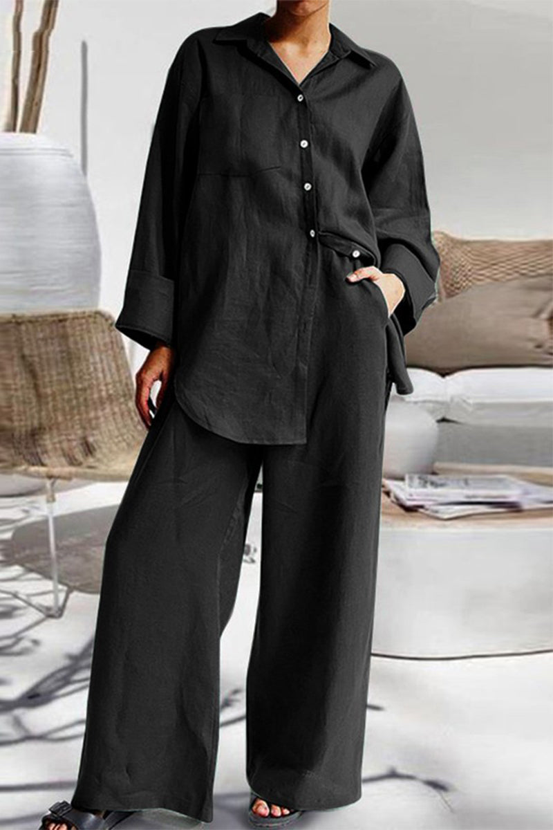 Conjunto informal sencillo de dos piezas con cuello vuelto, manga larga y bolsillos lisos (8 colores)