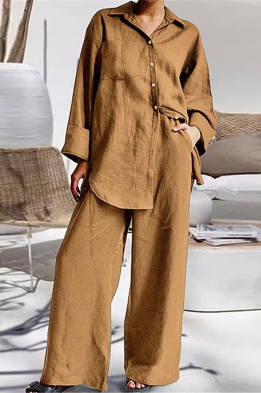 Conjunto informal sencillo de dos piezas con cuello vuelto, manga larga y bolsillos lisos (8 colores)