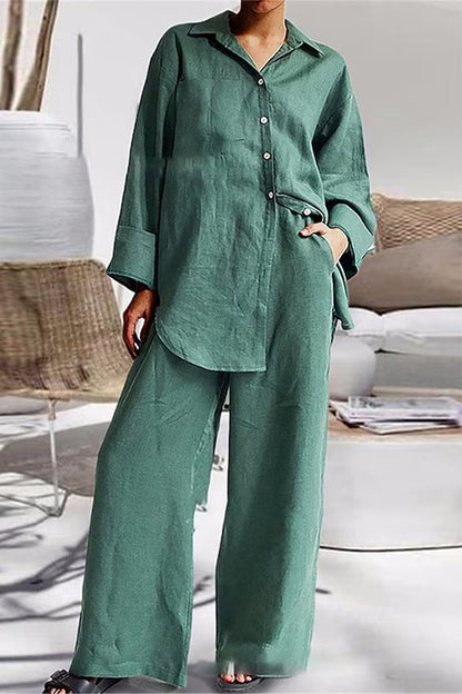 Conjunto informal sencillo de dos piezas con cuello vuelto, manga larga y bolsillos lisos (8 colores)