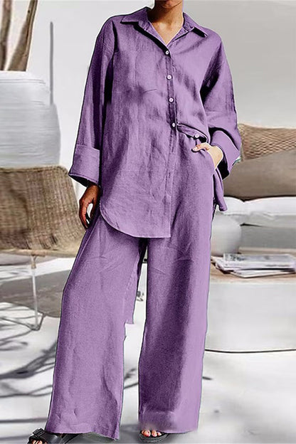 Conjunto informal sencillo de dos piezas con cuello vuelto, manga larga y bolsillos lisos (8 colores)