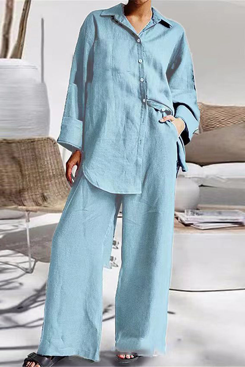 Conjunto informal sencillo de dos piezas con cuello vuelto, manga larga y bolsillos lisos (8 colores)