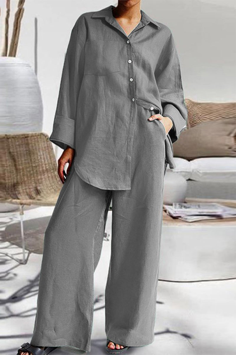 Conjunto informal sencillo de dos piezas con cuello vuelto, manga larga y bolsillos lisos (8 colores)