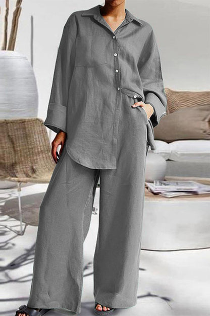 Conjunto informal sencillo de dos piezas con cuello vuelto, manga larga y bolsillos lisos (8 colores)