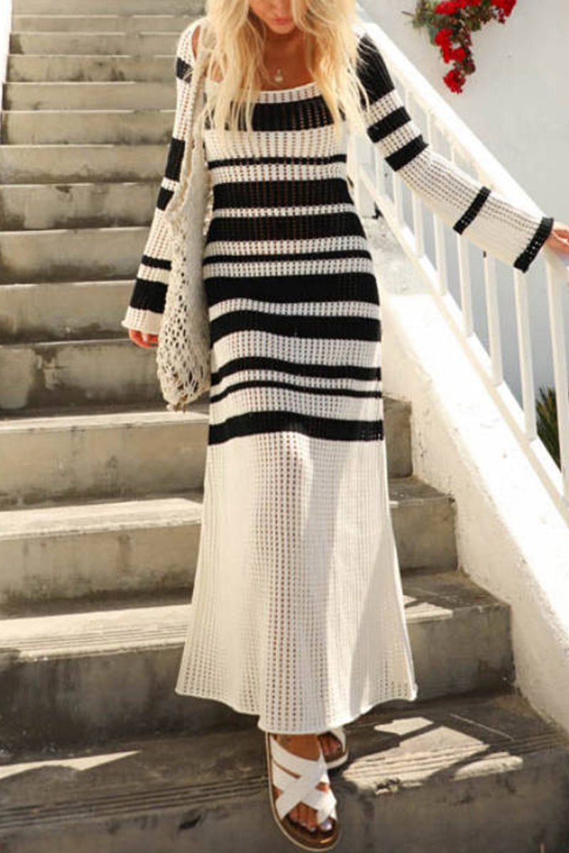 Vestidos casuales de vacaciones con rayas, cuello cuadrado en contraste y manga larga