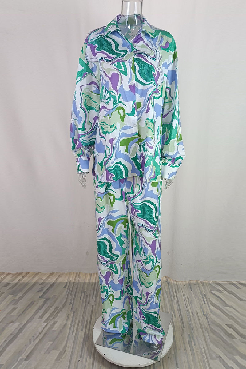 Casual Print Cardigan Pants Turndown Collar Long Sleeve Two Pieces