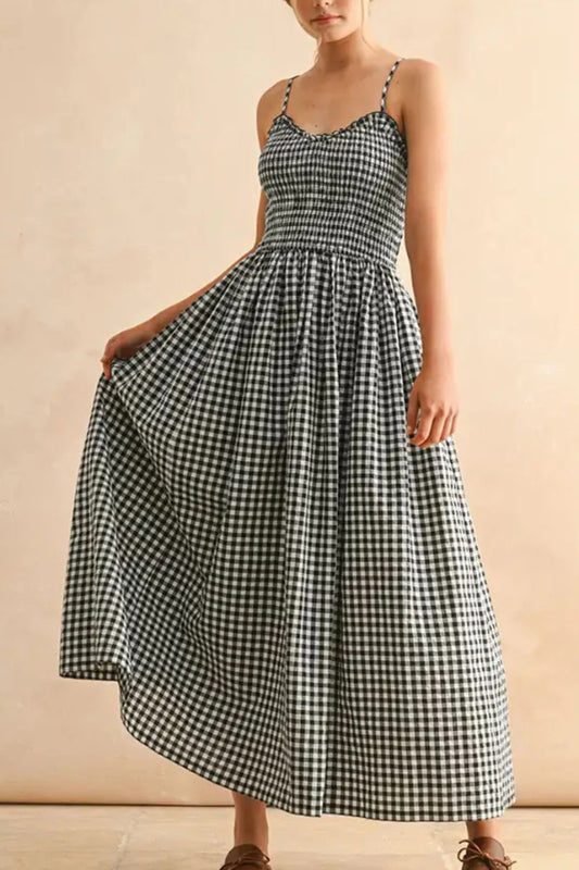 Stylish Plaid Print Spaghetti Strap Ruched Casual Pocket Maxi Dress