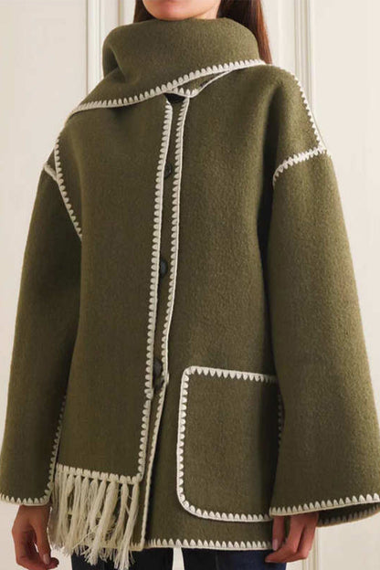 Casual British Style Solid Tassel Contrast Scarf Collar Outerwear