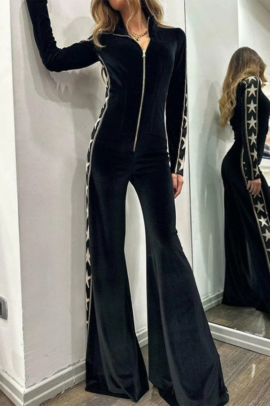 Monos casuales de cuello alto, lisos, con cremallera y retazos