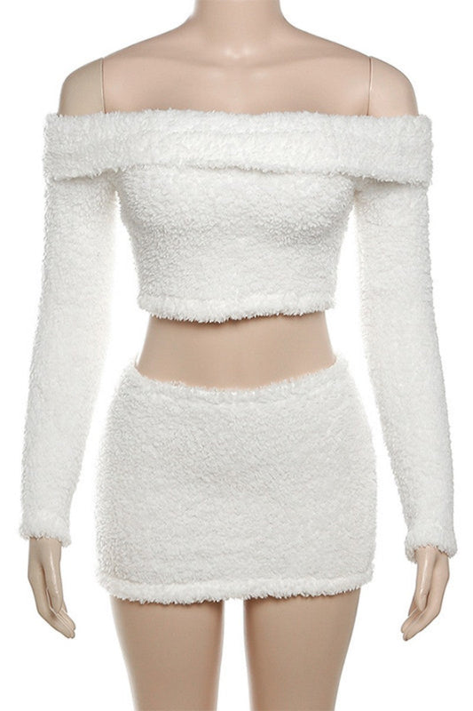 Casual Solid Backless Off the Shoulder Long Sleeve Two Pieces