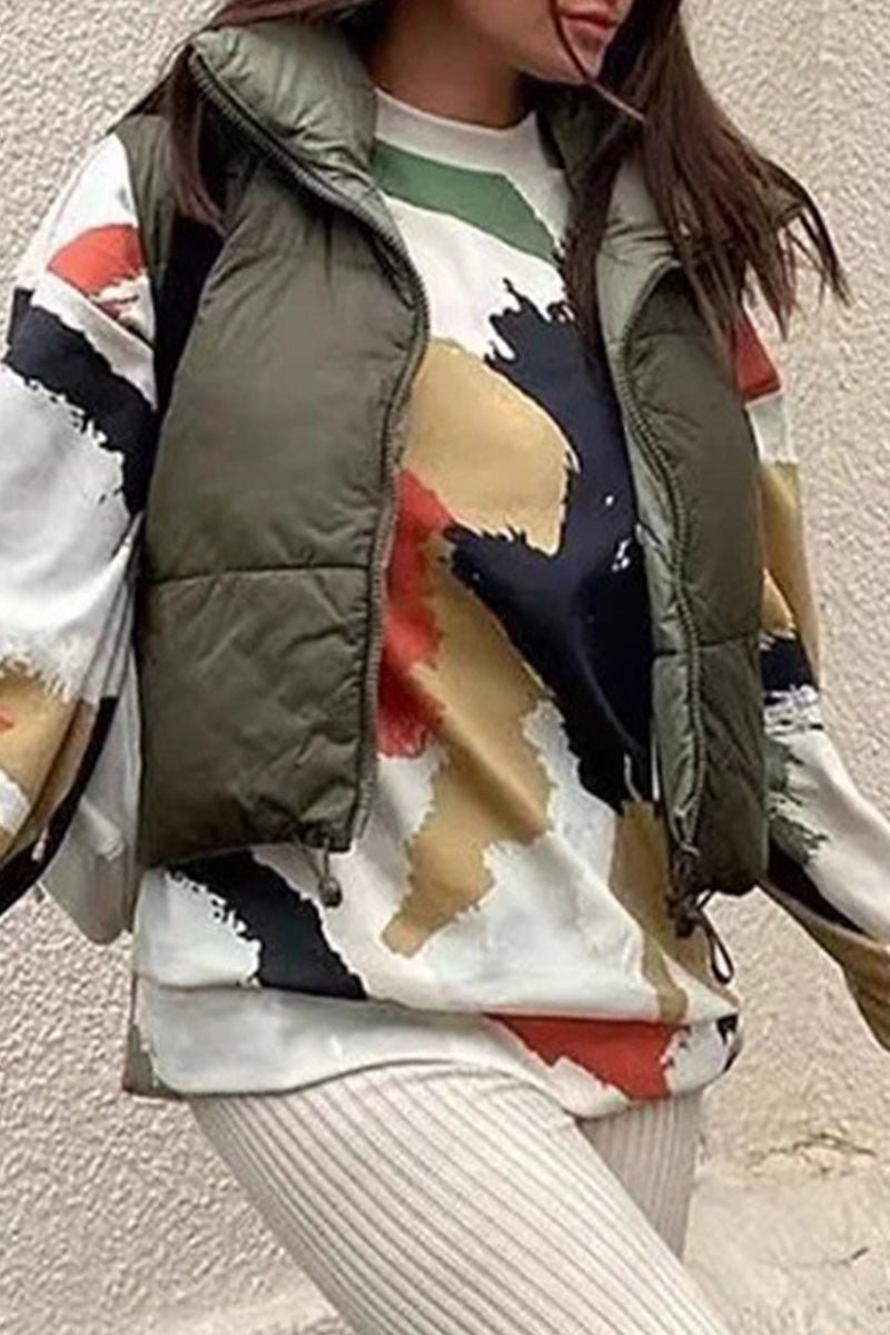 Tops casuales sencillos de cuello mandarín con cremallera sólida