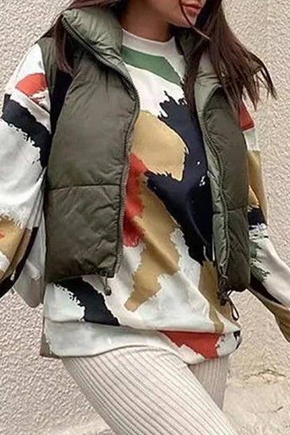 Tops casuales sencillos de cuello mandarín con cremallera sólida