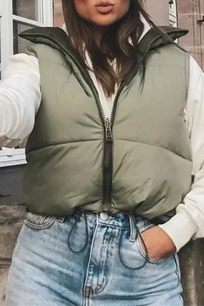 Tops casuales sencillos de cuello mandarín con cremallera sólida