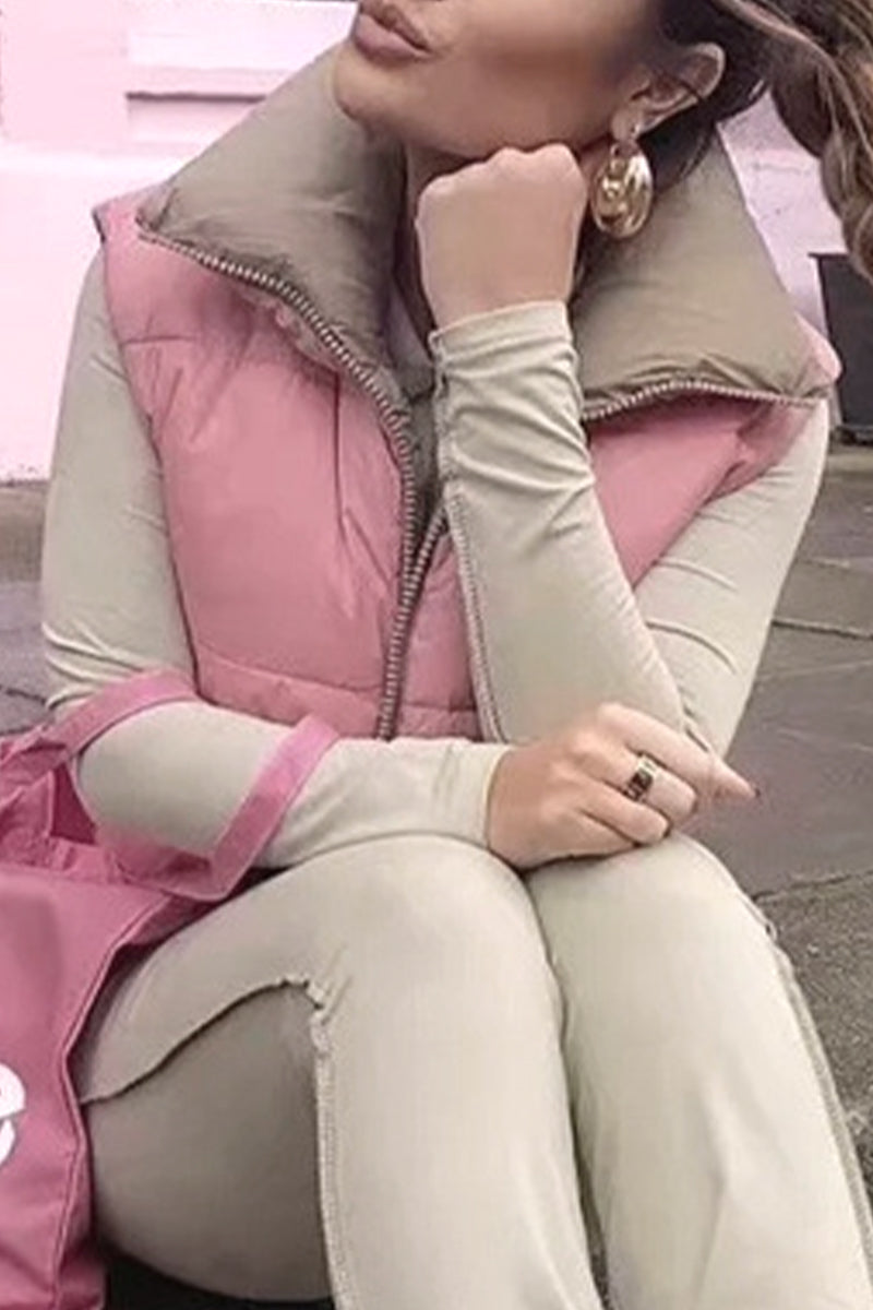 Tops casuales sencillos de cuello mandarín con cremallera sólida