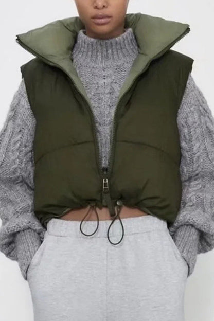 Tops casuales sencillos de cuello mandarín con cremallera sólida