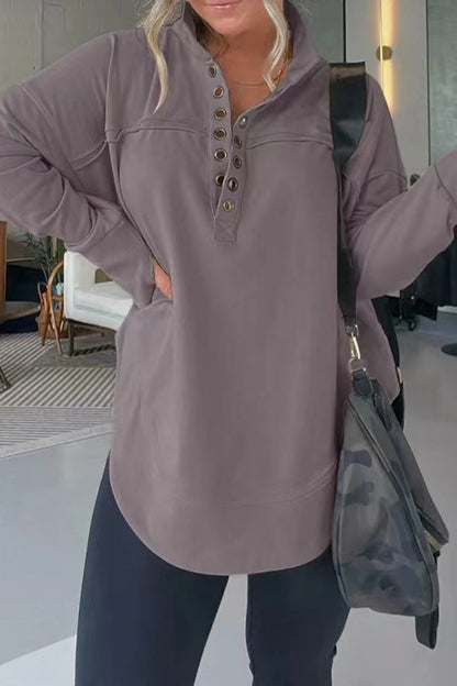 Casual Simplicity Solid Buckle Mandarin Collar Tops