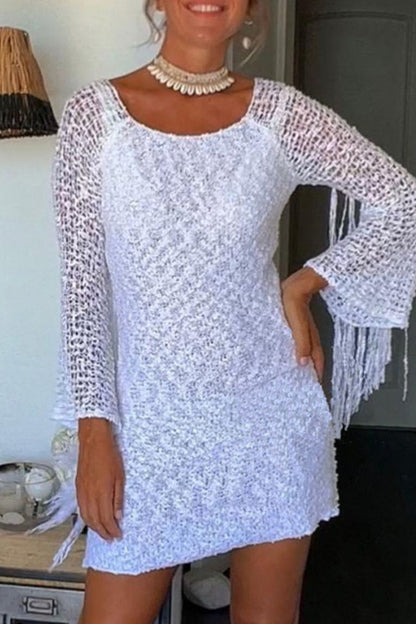 Sexy Solid Tassel Hollowed Out O Neck Wrapped Skirt Dresses