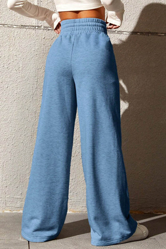 Pantalones casuales de color liso con frenillo suelto, cintura alta, pierna ancha y color liso