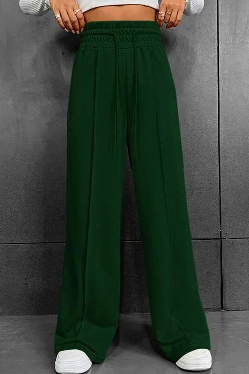 Pantalones casuales de color liso con frenillo suelto, cintura alta, pierna ancha y color liso