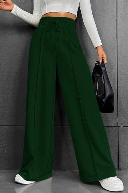 Pantalones casuales de color liso con frenillo suelto, cintura alta, pierna ancha y color liso