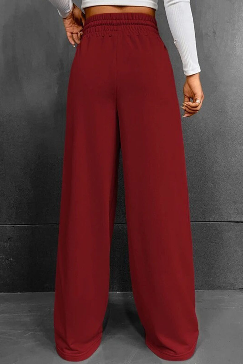 Pantalones casuales de color liso con frenillo suelto, cintura alta, pierna ancha y color liso