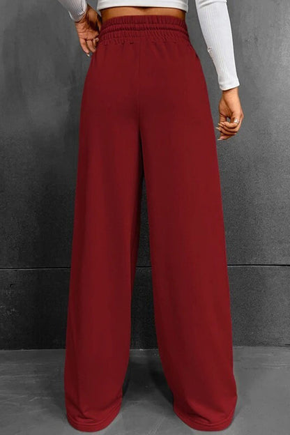 Pantalones casuales de color liso con frenillo suelto, cintura alta, pierna ancha y color liso