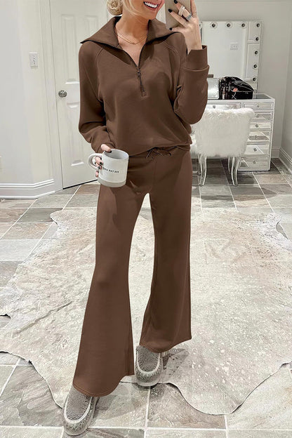 Casual Sportswear Solid Pocket Zipper Turndown Collar Long Sleeve Two Pieces