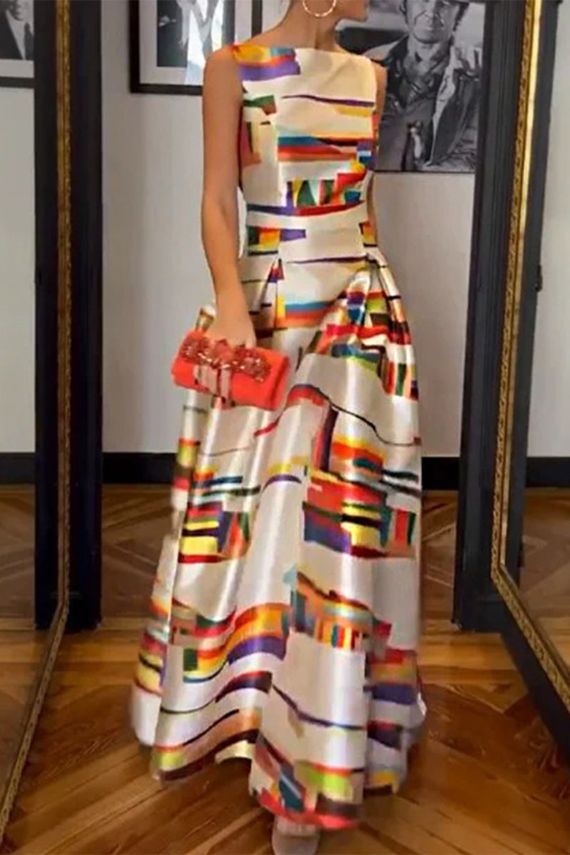 Elegantes vestidos de corte A con cuello redondo y estampado geométrico