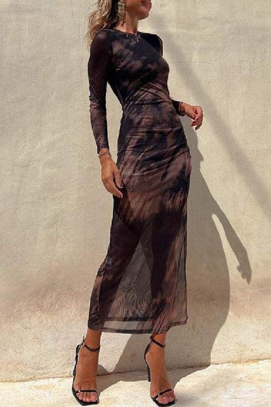 Casual Vintage Gradual Change Print See-through O Neck Long Sleeve Dresses