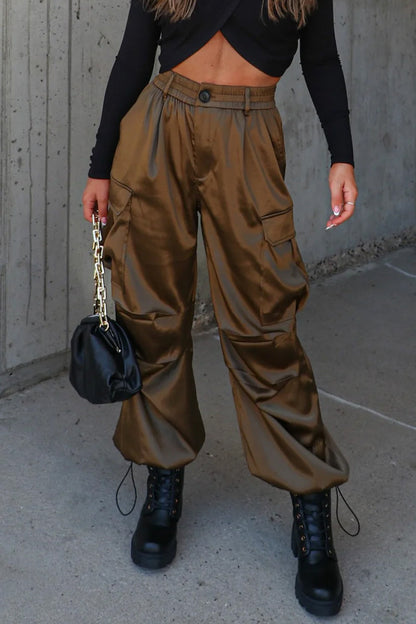 Pantalones casuales de color liso con cordón ajustable, bolsillos, sueltos, de cintura alta