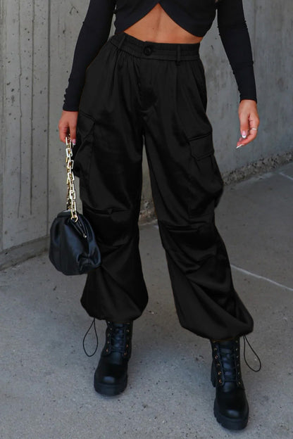 Pantalones casuales de color liso con cordón ajustable, bolsillos, sueltos, de cintura alta